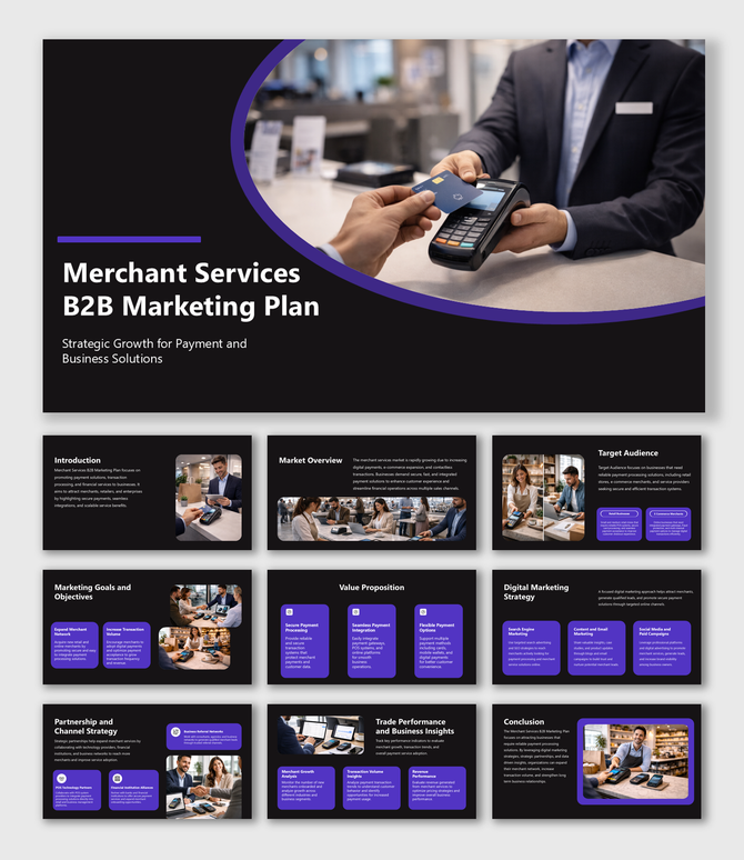 Merchant services B2B marketing plan slides showing payment solutions, market strategy, growth insights today.