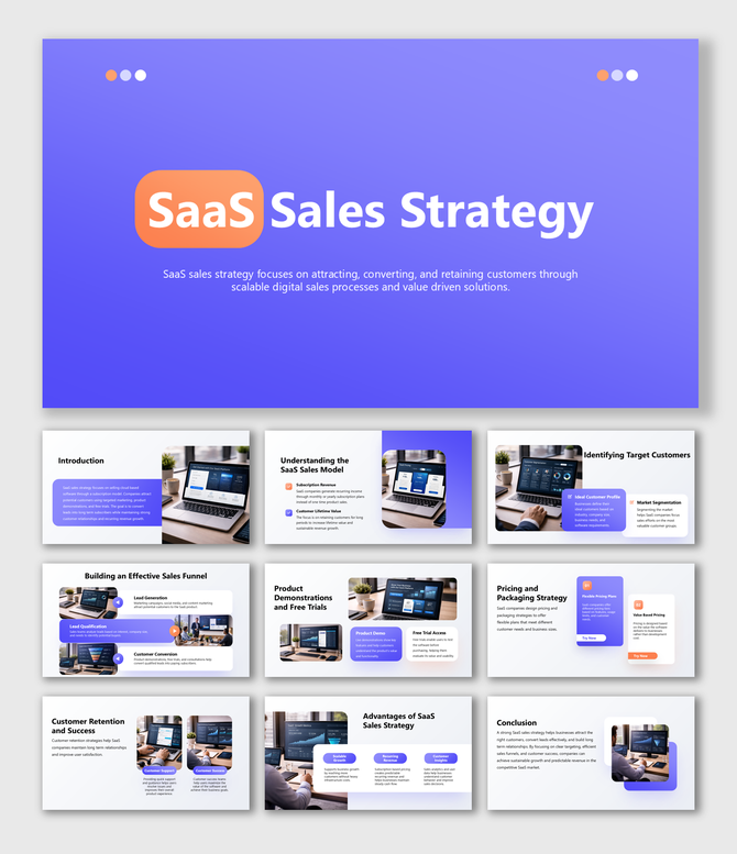 SaaS sales strategy presentation slides covering funnels, pricing models, customer retention and growth insights.