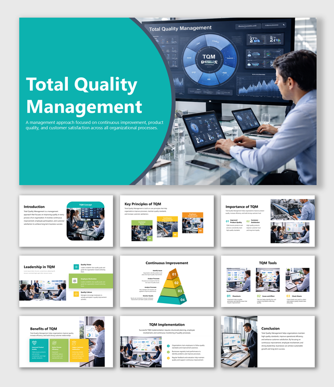 Total quality management slides covering principles, tools, implementation, and continuous improvement workflow