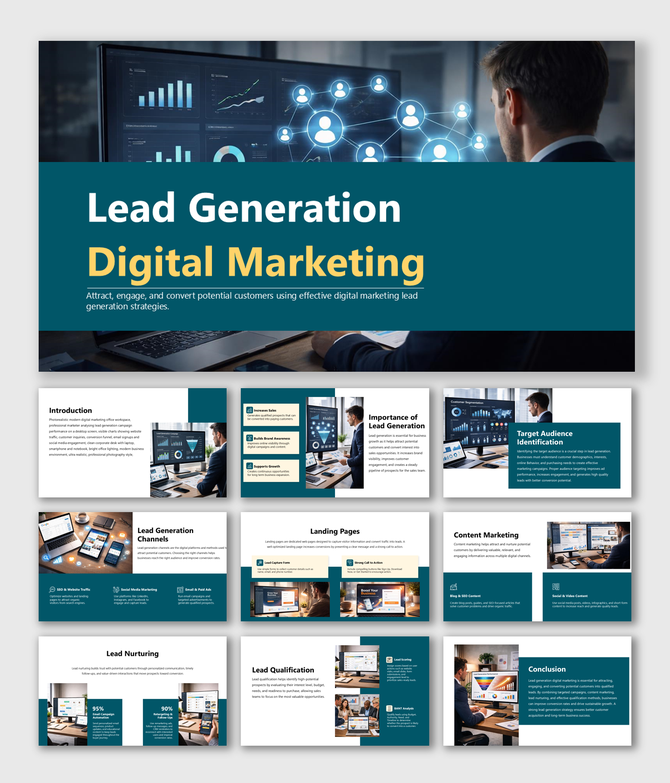 Lead generation digital marketing slides covering targeting, landing pages, nurturing, and lead conversions.