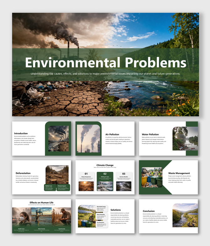 Environmental issues presentation template covering pollution, climate change, deforestation, waste management solutions.!