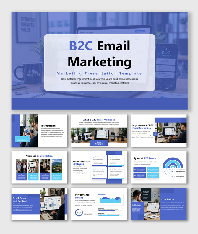 B2C email marketing template covering campaigns, segmentation, personalization, design, and performance insights.