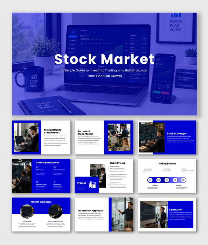 Stock market presentation slides showing trading concepts, pricing, indicators, investors, and strategies for growth now.