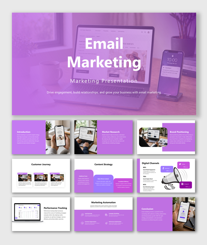 Email marketing slides with strategy, customer journey, automation, content planning, and performance tracking insights.