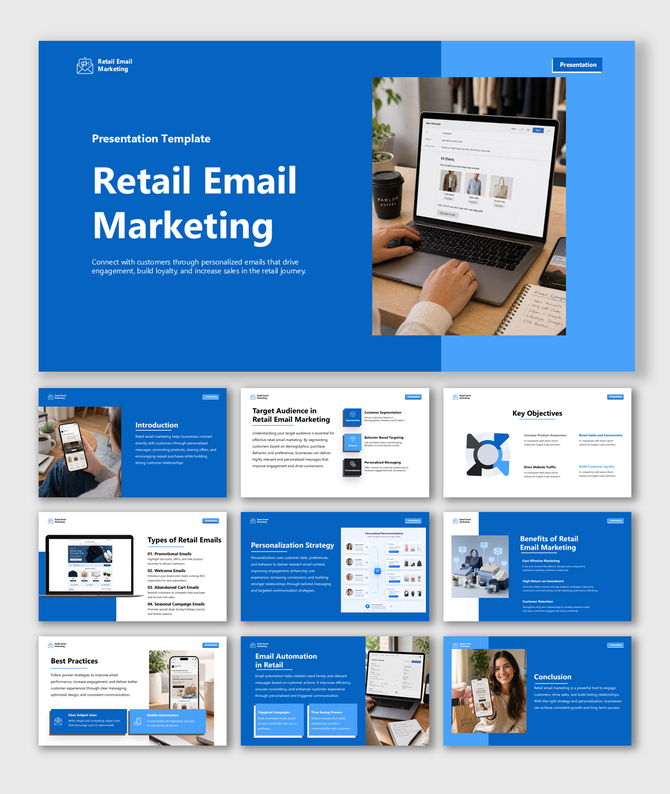 Retail email marketing slides with campaigns, personalization, automation, segmentation, and customer engagement insights.