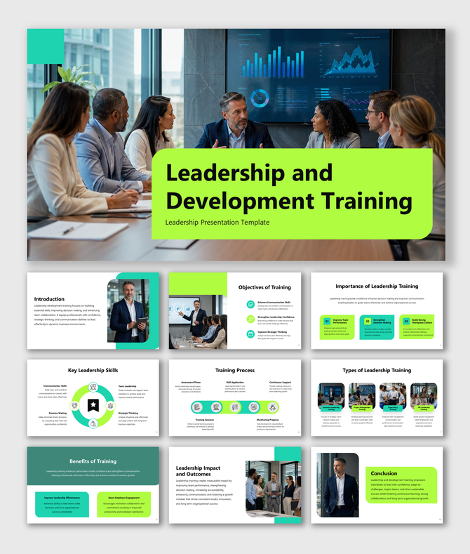 Leadership and development training presentation covering skills processes team growth performance and key idea outcomes.