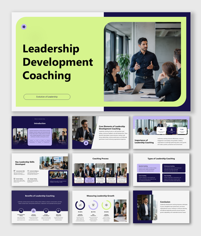 Leadership development coaching presentation covering communication, team growth, and performance skills for leaders.