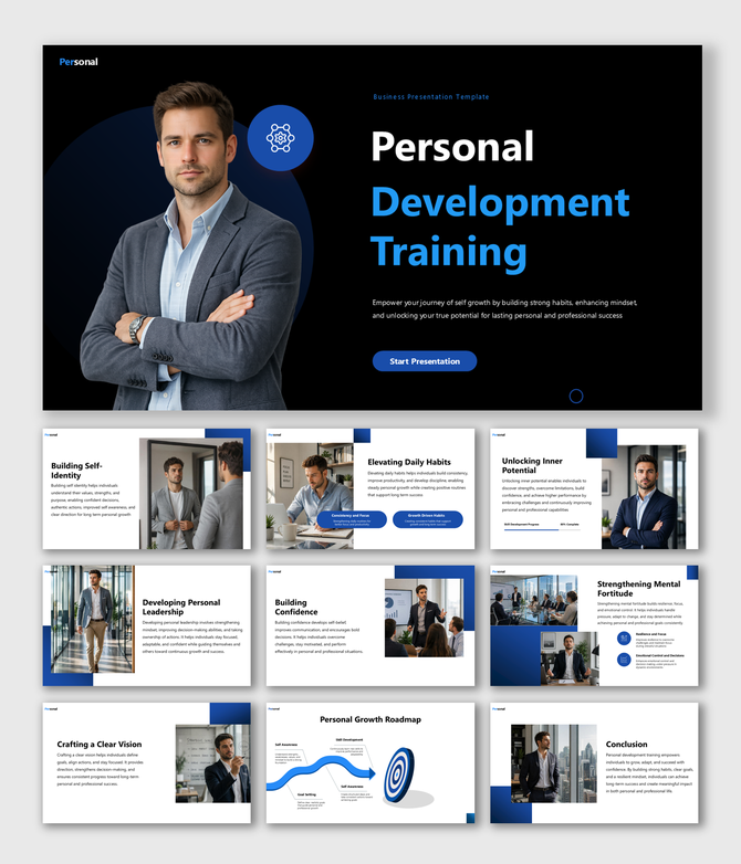 Personal development training presentation focused on self growth confidence leadership habits mindset and success planning.