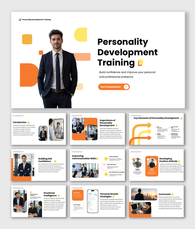Personality development training presentation covering confidence, communication, leadership, and growth for success.