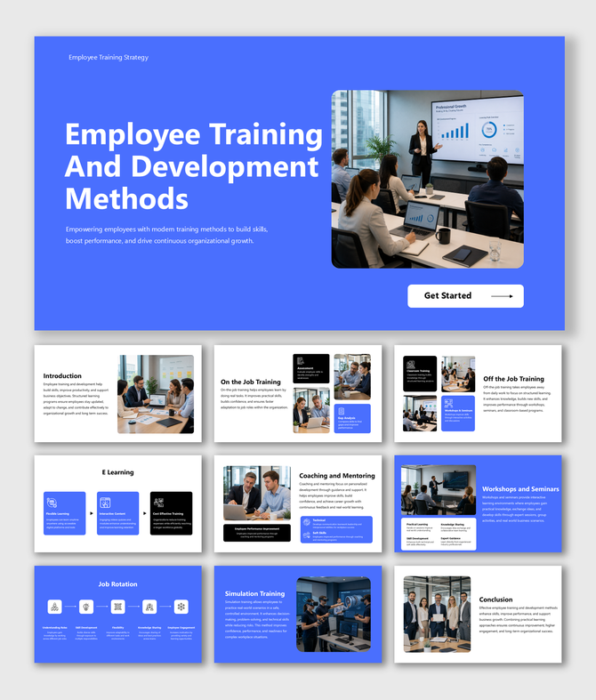 Employee training and development methods presentation covering e-learning, mentoring, workshops, and skill growth.