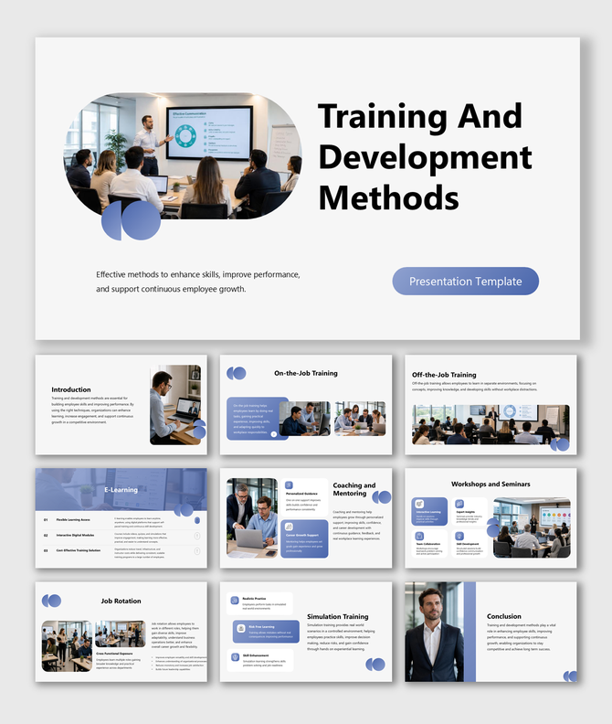 Training and development methods presentation covering workshops, mentoring, e-learning, and employee growth smoothly.