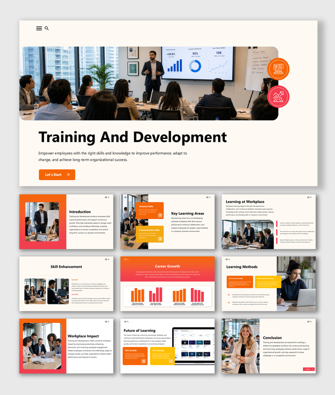 Training and development presentation focused on workplace learning, skill enhancement, employee growth, and success.