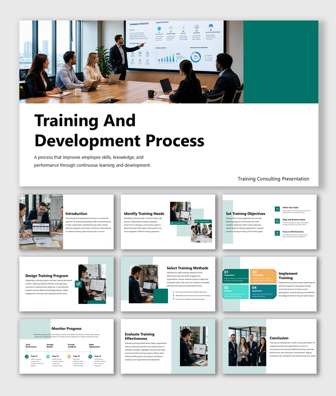Training and development process presentation covering planning, implementation, evaluation, and employee growth.