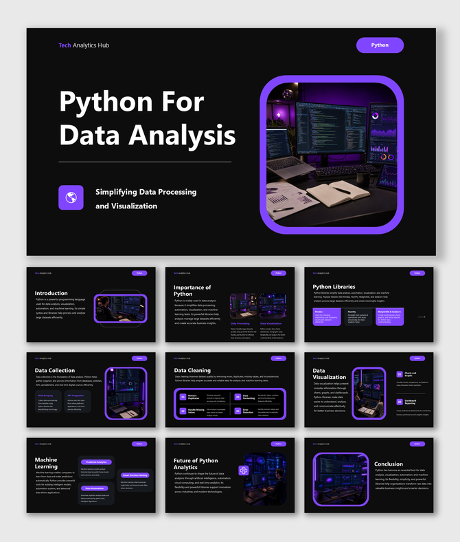 Python for data analysis presentation covering visualization, machine learning, analytics, and coding tools in business.