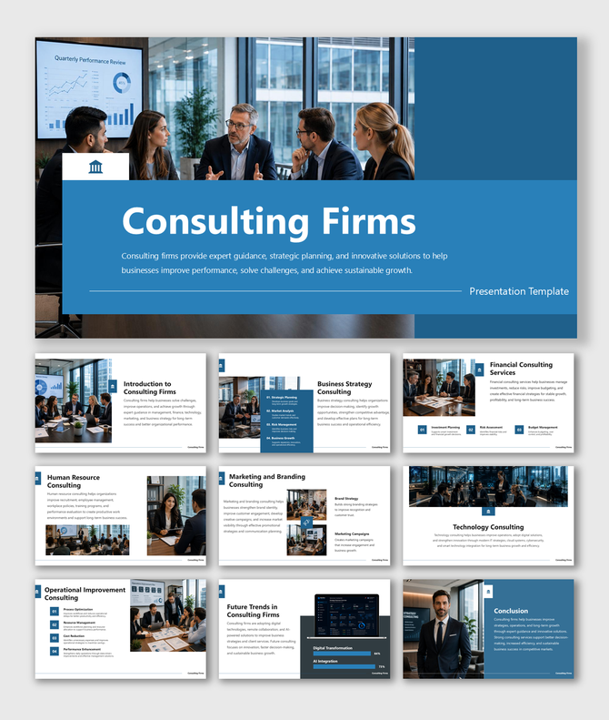 Consulting firms presentation covering strategy, finance, technology, operations, and business growth. for all teams.