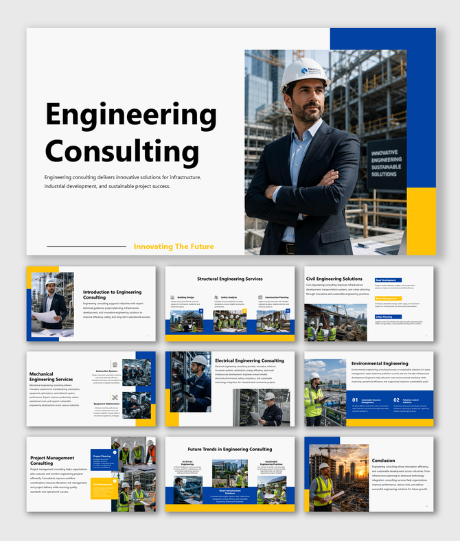Engineering consulting presentation covering infrastructure, project planning, innovation, and sustainable growth plans.