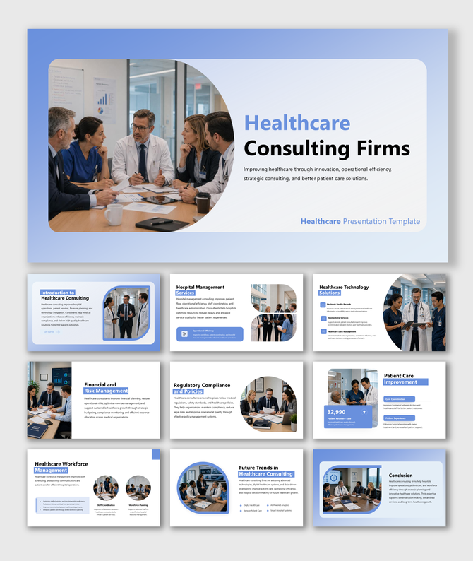 Healthcare consulting firms presentation covering hospital management, patient care, compliance, and strategy. solutions