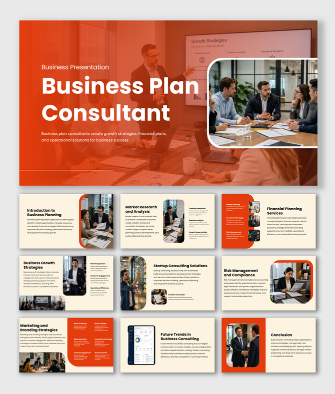 Business plan consultant presentation covering growth strategies, finance, marketing, and startup planning.. for teams.
