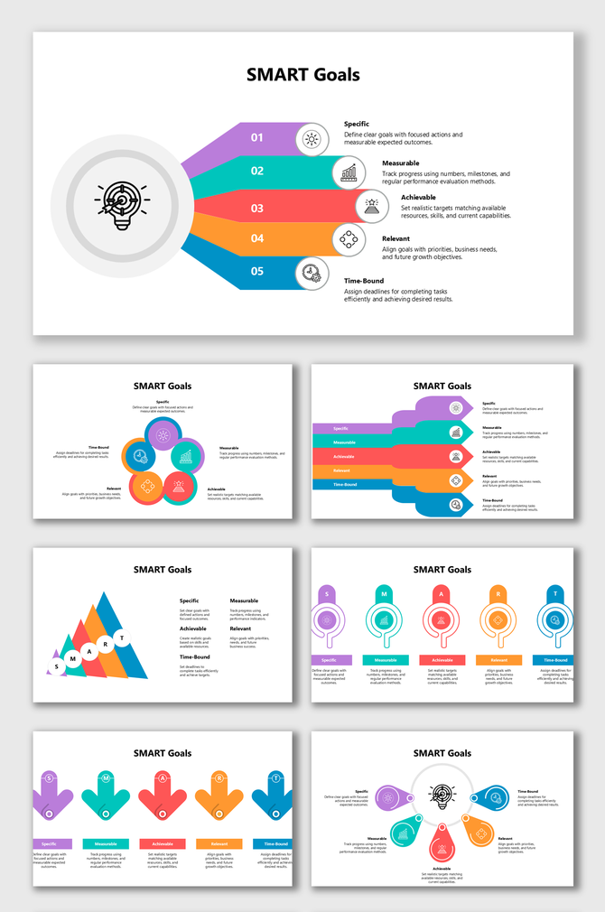 SMART goals infographic template with colorful step diagrams for setting Specific, Measurable, Achievable goals.