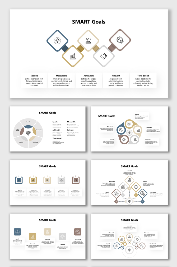 SMART goals presentation template with clean infographic layouts for Specific, Measurable, Achievable, Relevant goals.