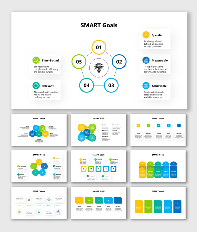 SMART goals infographic template with colorful circular diagrams for Specific, Measurable, Achievable, Relevant goals.
