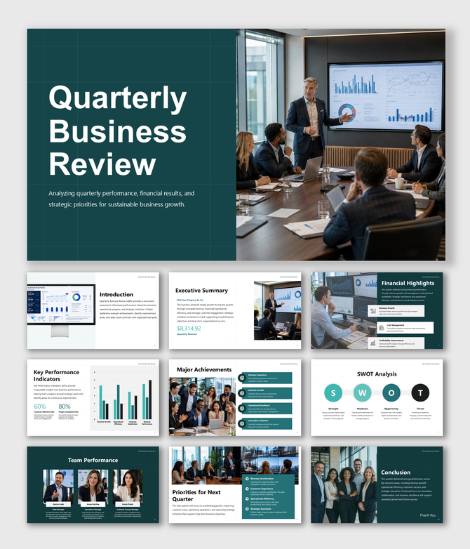 Quarterly Business Review template featuring financial performance, KPIs, SWOT analysis, achievements, and planning.