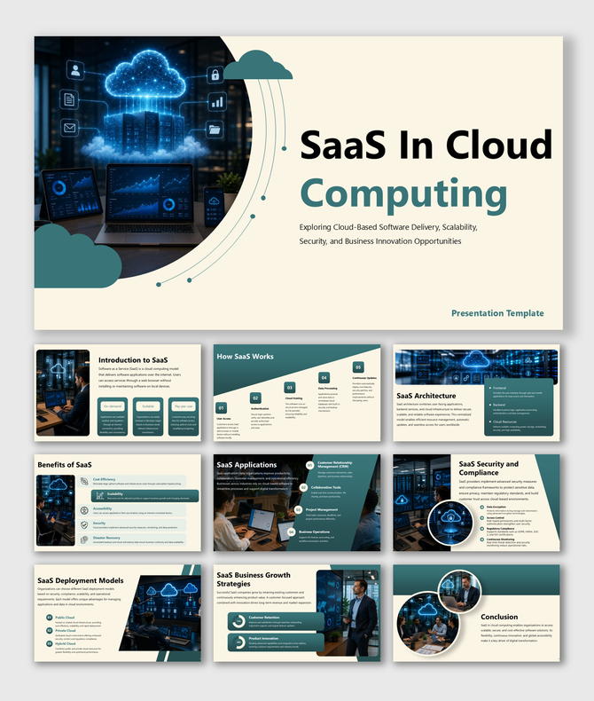SaaS in cloud computing presentation covering software delivery, security, scalability, and growth strategies. now.