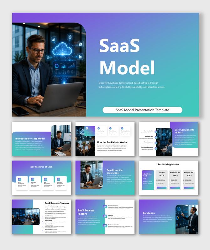 SaaS model presentation explaining cloud software delivery, subscription pricing, scalability, and business growth benefits.