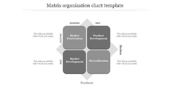 Matrix chart with four gray squares arranged in a 2x2 grid, representing different market and product strategies.