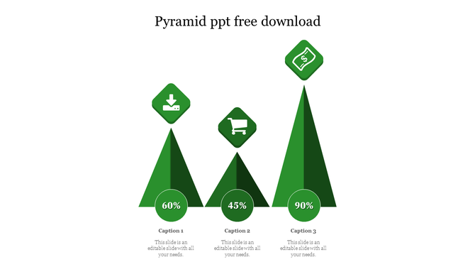 Green pyramid chart slide with three sections accompanied by download, shopping cart, and currency icons with captions.