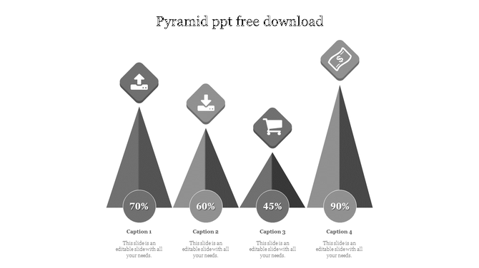 Vibrant layout with four gray pyramids, each featuring an icon and percentage, displaying various business stages.