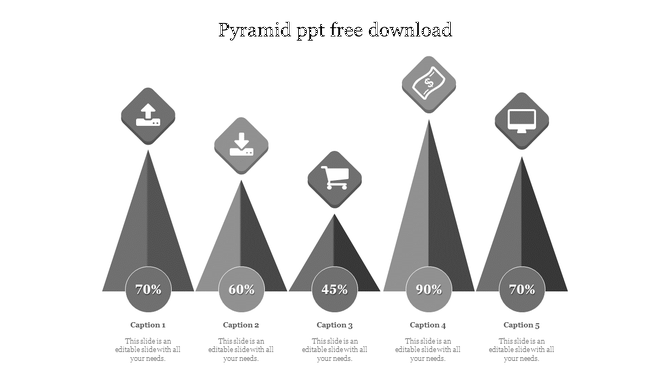 Template featuring a five tiered gray pyramid, with icons and percentage values on each level.