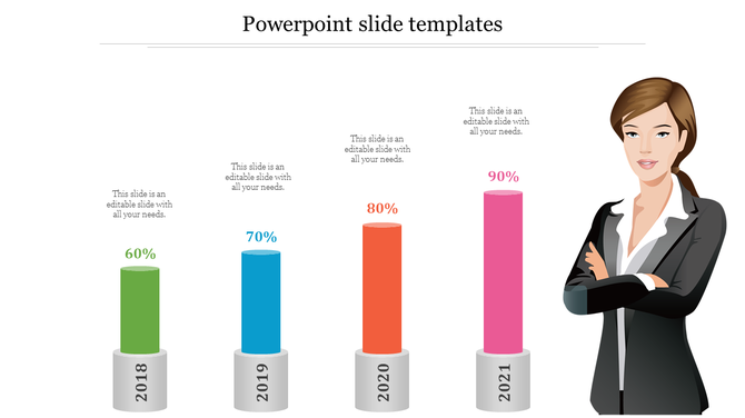 Multicolor cylindrical bar chart with percentages from 60% to 90% for years 2018 to 2021, with a businesswoman illustration.