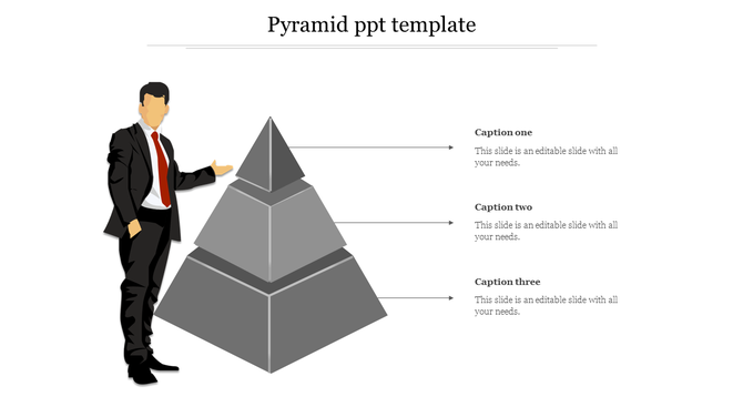 Layered gray pyramid infographic with a businessperson on the left and three arrows pointing to placeholder text areas.