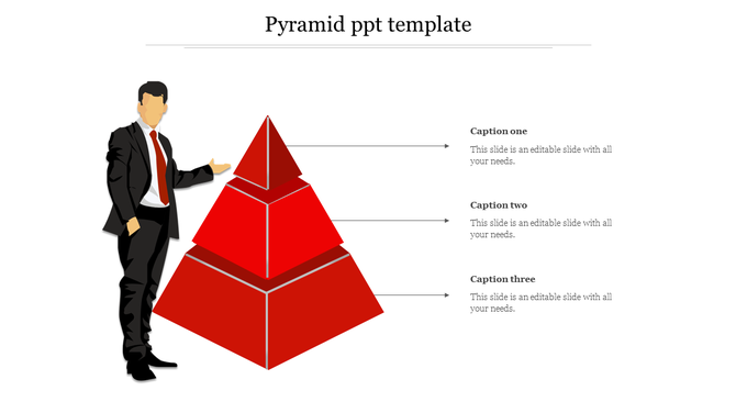 Red pyramid shape with three levels beside a man in a black suit, pointing towards each section.
