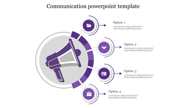 Communication infographic with a megaphone, four icons with arrows pointing to placeholder captions on the right.