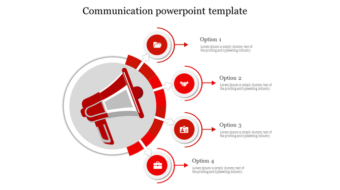 Communication template with a red central megaphone icon and four radial options linked by arrows to circular red icons