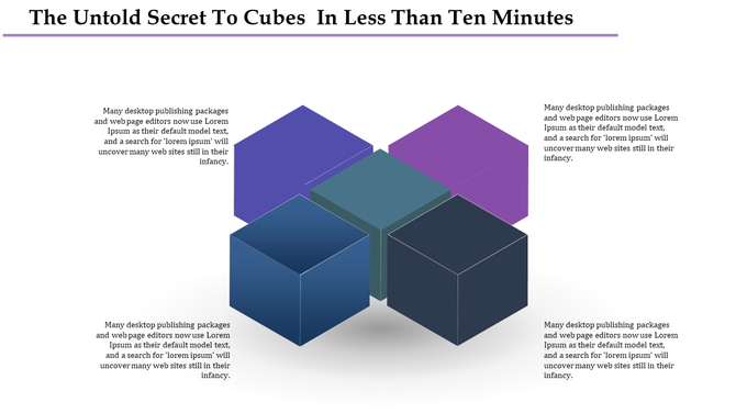 Illustration of interconnected 3D cubes in various shades of blue and purple, surrounded by placeholder text areas.