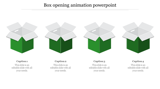 PowerPoint slide showing four boxes in different stages of opening, with green and gray colors, each with a caption.
