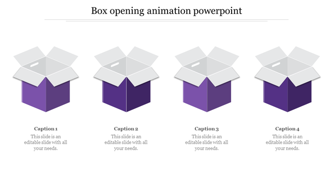 Four purple boxes with open tops in a row, each with a white lid, and corresponding captions below.
