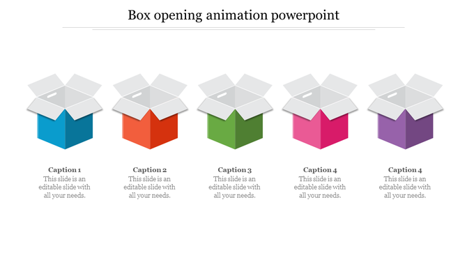 A colorful box opening animation slide featuring four boxes in various colors with captions.