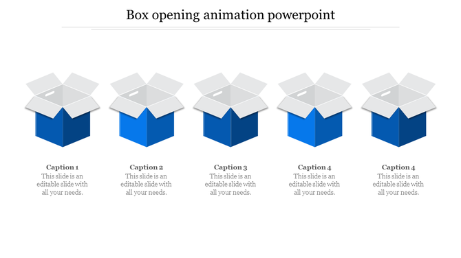 Five open blue boxes in a row, each with a gray lid tilted outward, representing a box opening animation. 