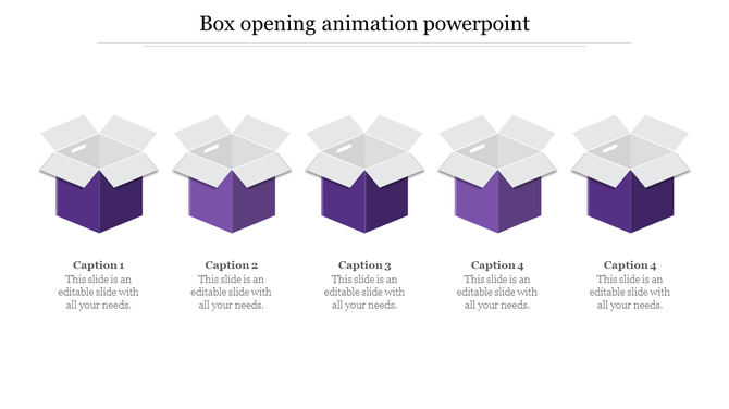 PowerPoint slide showing five boxes in different stages of opening, with purple and gray colors and captions below each.