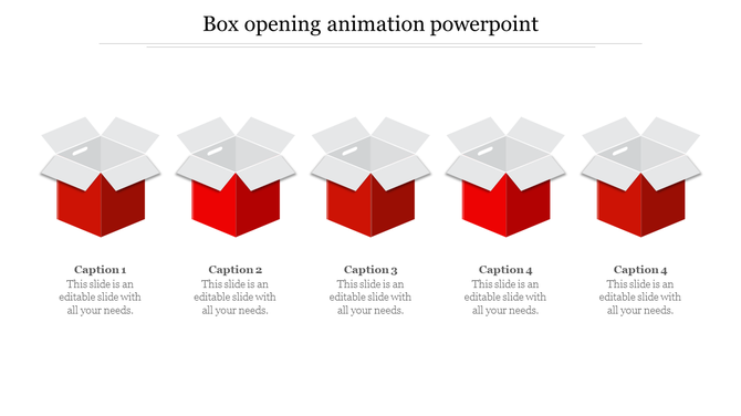 Five step box opening animation with red boxes and gray lids, each paired with a caption, displayed in a horizontal layout.