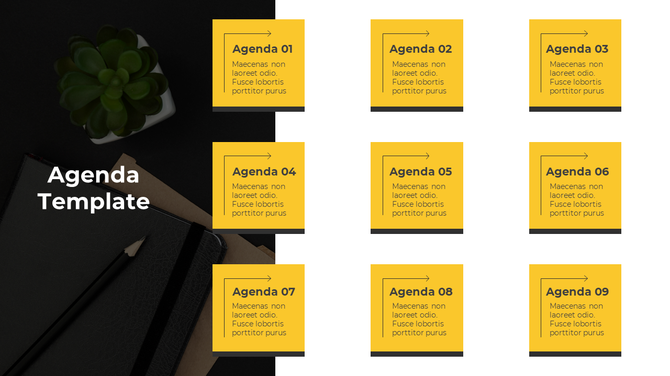An agenda template featuring nine sections labeled Agenda 01 to 09 with brief descriptions and arrows.