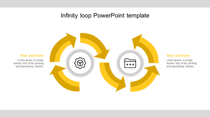 slide featuring an infinity loop with yellow arrows and two icons within circular sections and captions on both sides.