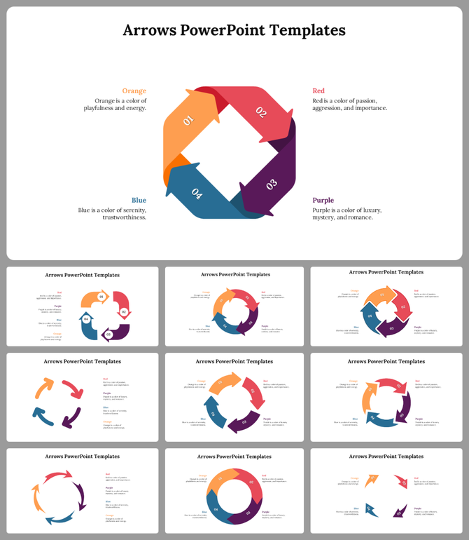 Slide deck with colorful circular arrow diagrams in orange, blue, red, and purple, highlighting design elements.
