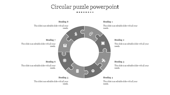 Circular puzzle template featuring eight labeled sections with technology-related icons and placeholder text.