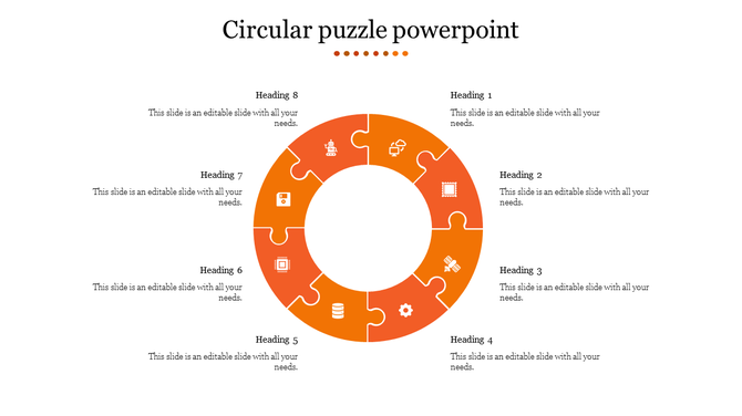 Slide featuring an orange circular puzzle with eight pieces, each linked to headings for content with icons.