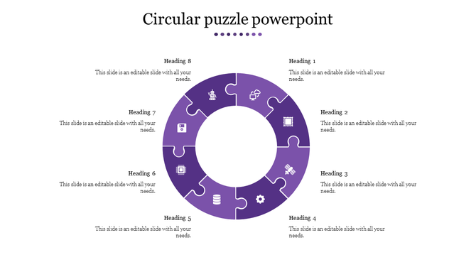Purple circular puzzle PPT template with eight sections, each labeled with headings and icons representing various concepts.